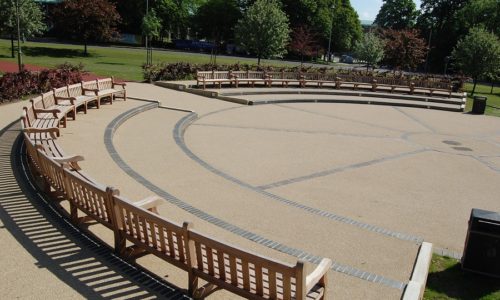 32m Run of curved Westminster seats. Welwyn Garden City, Herts.