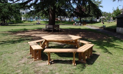 Iroko Hex Picnic Table & Tree Seat.
