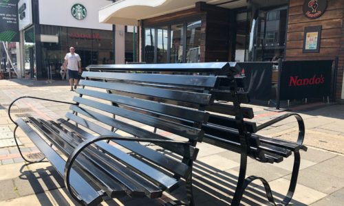 Langford steel back to back seats. Borehamwood High Street.