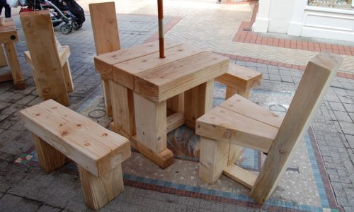 Table, bench & chair set. Eatons Cafe, Braintree.